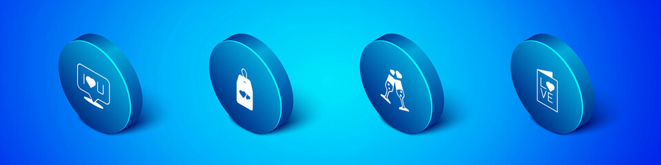 Set Isometric Speech bubble text I love you, Glass of champagne, Valentines day party flyer and Please do not disturb with heart icon. Vector