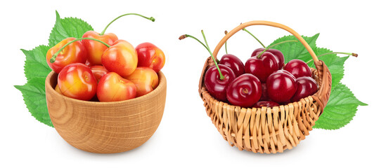 yellow and red sweet cherry in wooden bowl isolated on white background with full depth of field. Set or collection.