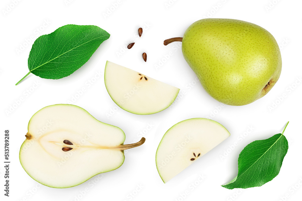 Wall mural Green pear fruit slices isolated on white background. Top view. Flat lay