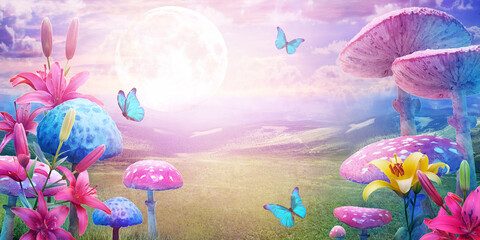 fantastic wonderland landscape with mushrooms, lilies flowers, morpho butterflies and moon.
illustration to the fairy tale 