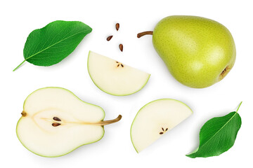 Green pear fruit slices isolated on white background. Top view. Flat lay