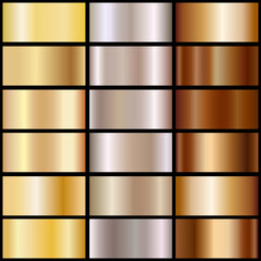 Holographic textures of gold and bronze foil in a large set. Vector graphics of glowing rainbow patterns. Collection of holograms with metallic gradients, on a black background

