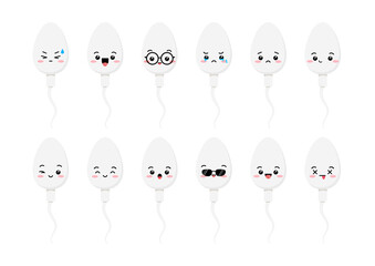 Cute sperm cell cartoon character emoji set. Kawaii sperm semen medicine maskot - happy, sad, with eyeglasses and sunglasses emoticon collection. Flat design cartoon vector illustration. - obrazy, fototapety, plakaty