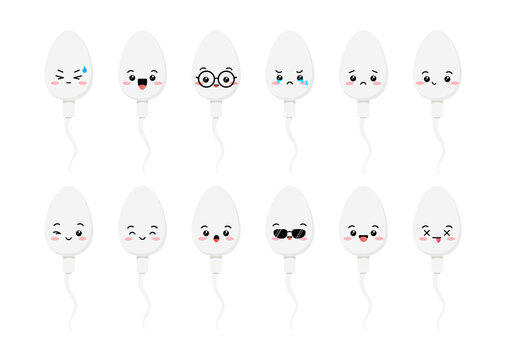 Cute sperm cell cartoon character emoji set. Kawaii sperm semen medicine maskot - happy, sad, with eyeglasses and sunglasses emoticon collection. Flat design cartoon vector illustration.