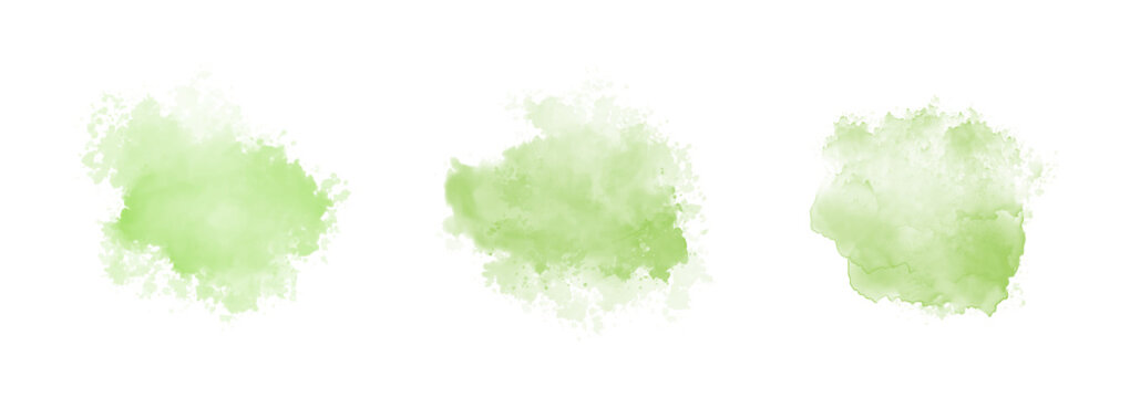 Set of abstract green watercolor water splash on a white background. Watercolour texture in salad color. Ink paint brush stain. Green splatters spot. Watercolor pastel splash