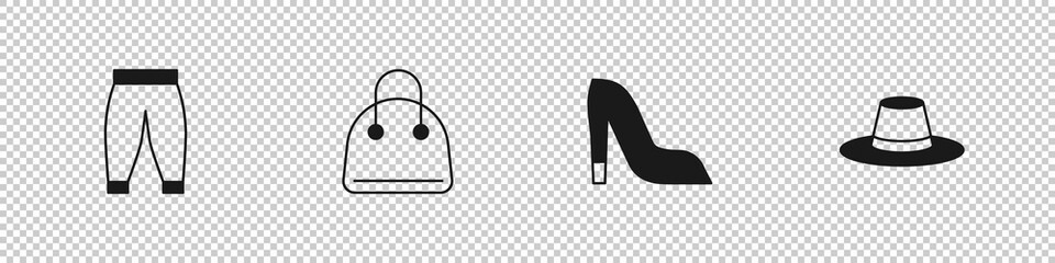 Set Pants, Handbag, Woman shoe and Man hat icon. Vector