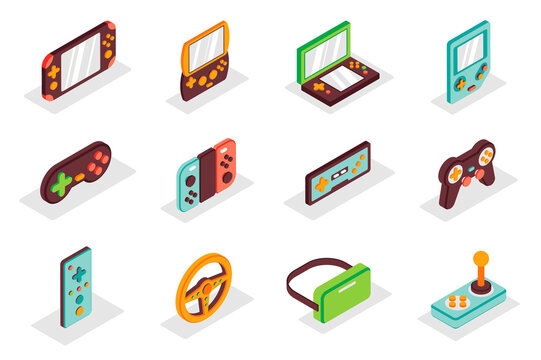 Games gadgets concept 3d isometric icons set. Pack isometry elements of console, joystick, play controller, tablet, gamepad, vr glasses, computer and other. Vector illustration for modern web design