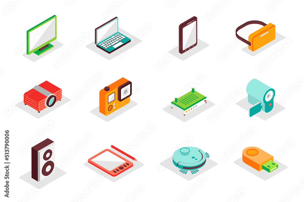 Aufkleber Electronics concept 3d isometric icons set. Pack isometry elements of computer, laptop, smartphone, vr glasses, camera, music speaker, wifi router and other. Vector illustration for modern web design