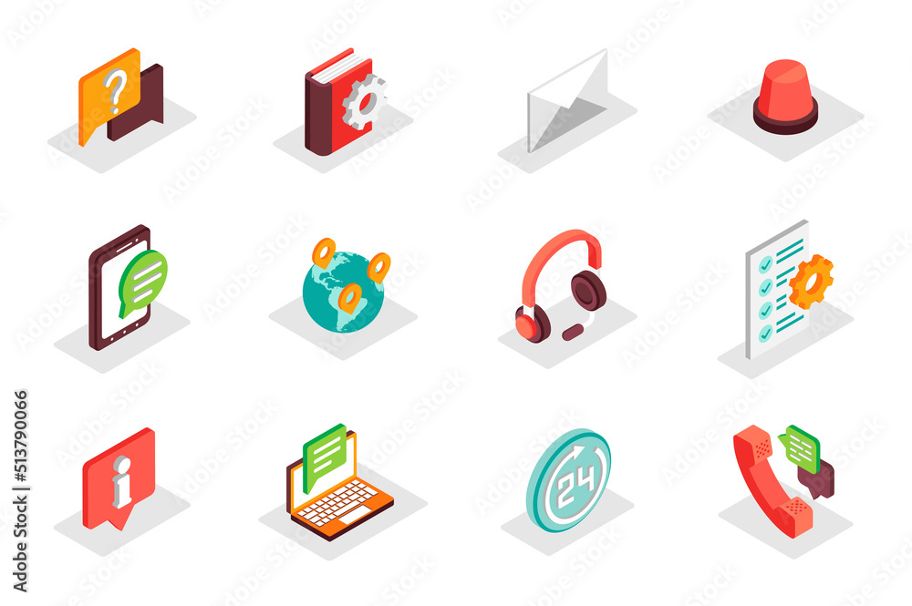 Poster customer service concept 3d isometric icons set. pack isometry elements of information, question, te