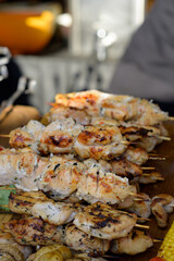 meat shish kebab on the grill. traditional outdoor barbecue picnic. grilled meat bbq