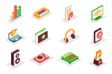 Music concept 3d isometric icons set. Pack isometry elements of equalizer, piano, song, volume, audio, video, headphones, musical speaker, mixer and other. Vector illustration for modern web design