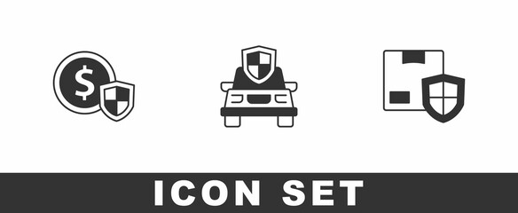 Set Money with shield, Car insurance and Delivery security icon. Vector