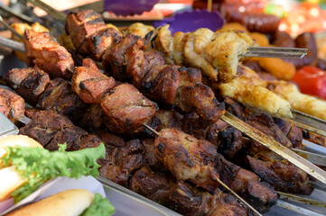meat shish kebab on the grill. traditional outdoor barbecue picnic. grilled meat bbq