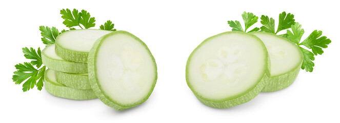 zucchini or marrow slices isolated on white background with full depth of field. Set or collection - obrazy, fototapety, plakaty