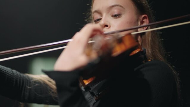 female fiddler in symphonic orchestra on scene of opera house, lady is playing violin or viola