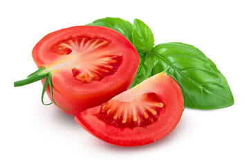 Tomato half and slice isolated on white background with basil leaf and full depth of field.