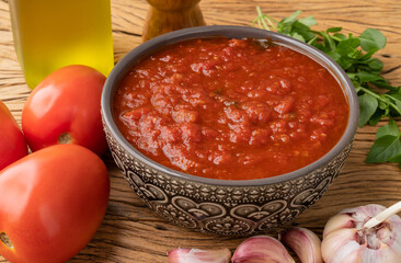 Tomato sauce, tomatoes, garlic, olive oil and herbs over wood table