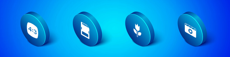 Set Isometric Photo frame 4, mode macro, Movie clapper and SD card icon. Vector