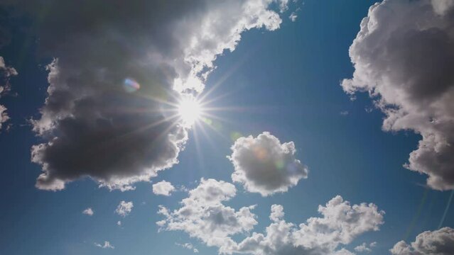 Time lapse sun and clouds moving on blue sky with sun shines and sunbeams, nature background, Climate Change