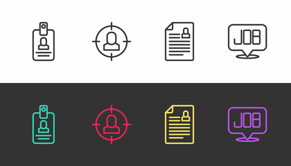 Set line Identification badge, Head hunting, Resume and Search job on black and white. Vector