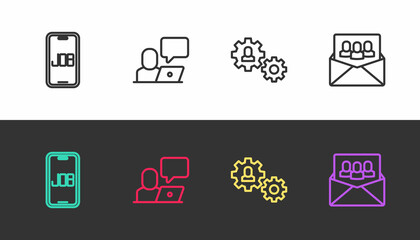 Set line Search job, Freelancer, Human with gear and Project team base on black and white. Vector