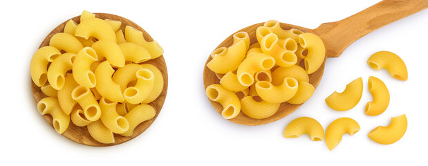 raw macaroni pasta in wooden spoon and bowl isolated on white background. Top view. Flat lay. Set...