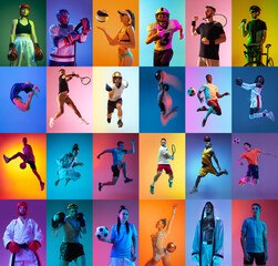 Collage made of images of different professional sportsmen and kids in action, motion isolated on multicolor background in neon. Collage