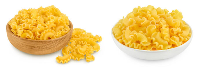 Pasta cornetti creste macaroni in wooden bowl isolated on white background with full depth of...