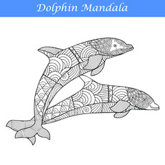 Dolphin Vintage decorative elements with mandalas. 
Hand-drawn Dolphin zentangle style