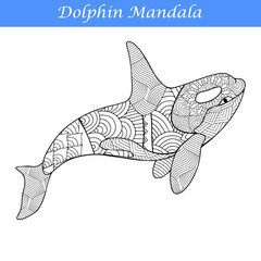 Dolphin Vintage decorative elements with mandalas. 
Hand-drawn Dolphin zentangle style