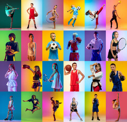 Set of images of different professional sportsmen and kids in action, motion isolated on multicolor background in neon. Collage