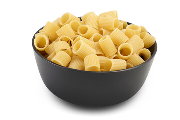 raw italian pasta in ceramic bowl isolated on white background . Mezze Maniche Rigate Bronze die