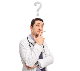 Doctor smoking a cigarette and thinking with question mark above his head - obrazy, fototapety, plakaty