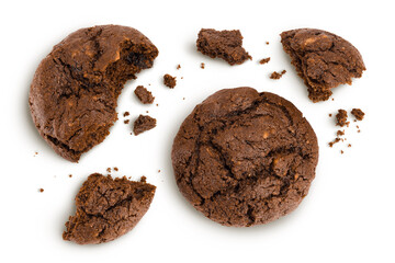 chocolate cookies broken isolated on white background with full depth of field. Top view. Flat lay