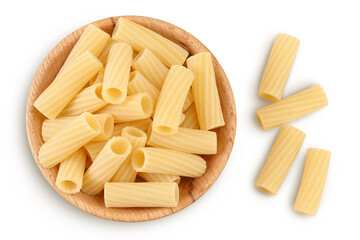 raw italian tortiglioni pasta in wooden bowl isolated on white background with full depth of field. Top view. Flat lay