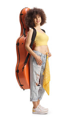 Young female musician posing with a cello case on her shoulder and smiling © Ljupco Smokovski