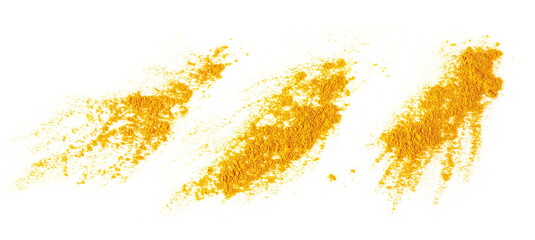Set turmeric (Curcuma) powder pile isolated on white, top view