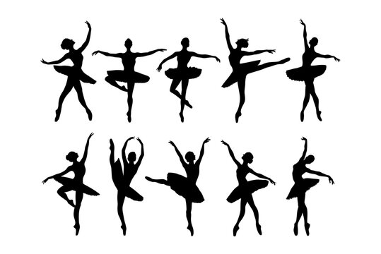 Set di immagini vettoriali di silhouette di ballerine di danza classica. Pose diverse di ballerine di danza classica. 