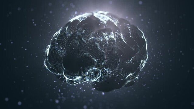 Digital animation numbers in brain shape. Digital brain animation. Visualization of a scan of the cerebral cortex. 3D Render animation of AI Artificial intelligence