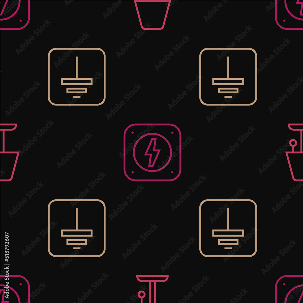Poster set line table lamp, electrical symbol ground and lightning bolt on seamless pattern. vector