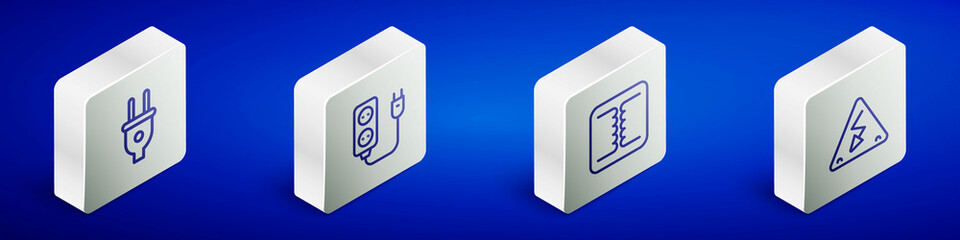 Set Isometric line Electric plug, extension, Electrical transformer and High voltage icon. Vector
