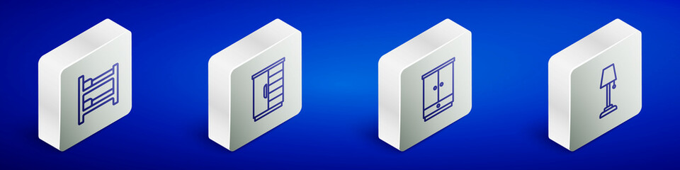 Set Isometric line Bunk bed, Wardrobe, and Floor lamp icon. Vector