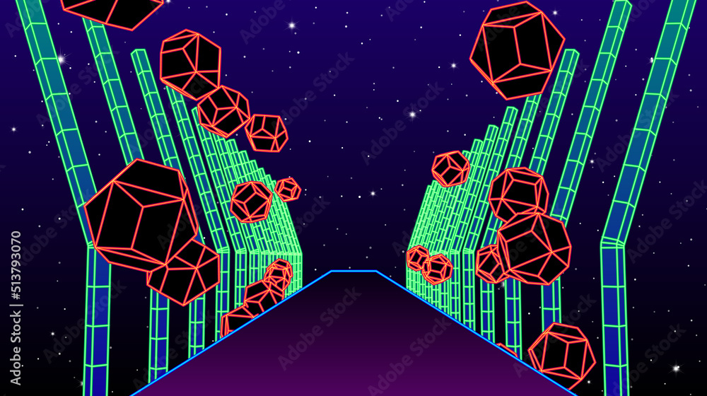 Aufkleber neon corridor with wireframe shapes in 80s synthwave style. abstrace retro arcade game background fo
