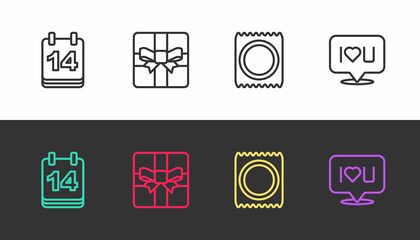 Set line Calendar with February 14, Gift box, Condom in package and Speech bubble text I love you on black and white. Vector