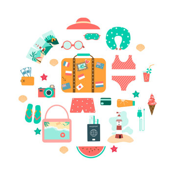 Summer holidays and international travel. Icon set with swimsuit, travel backpack, passport, suitcase, camera, watermelon, cocktail, etc. . Color flat vector illustration