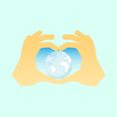 Hands forming heart shape to frame the earth. Love earth concept. Vector illustration outline flat design style.