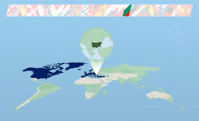 Bulgaria member of North Atlantic Alliance selected on perspective World Map. Flags of 30 members of alliance.