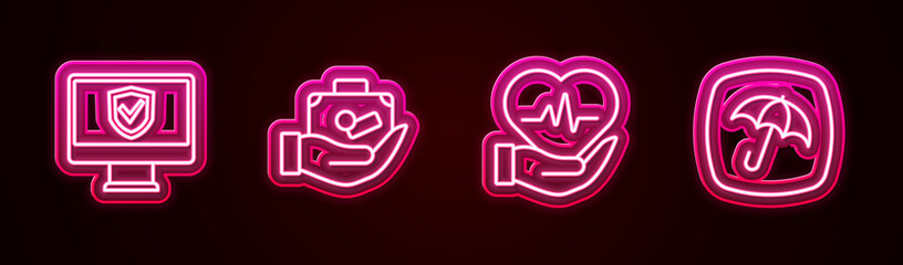 Set line Insurance online, Travel suitcase hand, Life insurance and Umbrella. Glowing neon icon. Vector