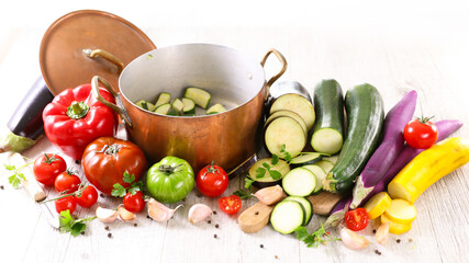 cooking fresh vegetable- casserole and raw ingredients