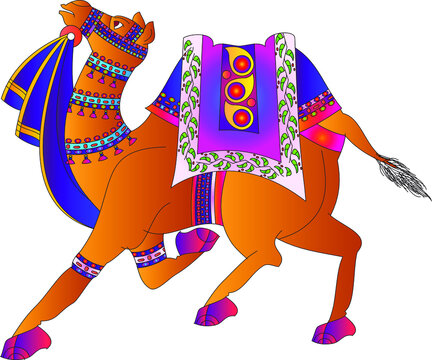 Camel rendered in Pichwai style. Indian folk art. for a coloring book, textile/ fabric prints, phone case, greeting card. logo, calendar

